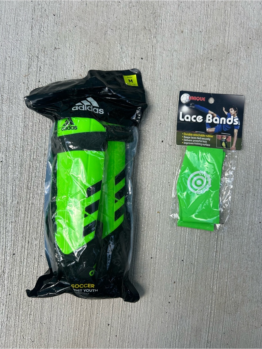 adidas Black and Neon Green Youth Shin Guards + Lace Protectors